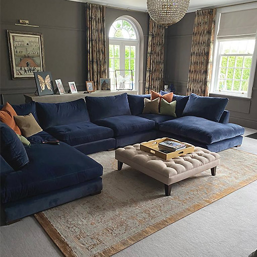 2 Stockbridge U shaped Sofa In Linwood Omega Atlantis with Contrasting Omega Velvet Cushions
